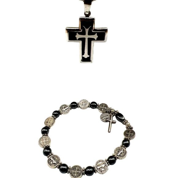Stainless Steel Cross Necklace & Saint Benedict Bracelet.  B90 - Picture 2 of 16